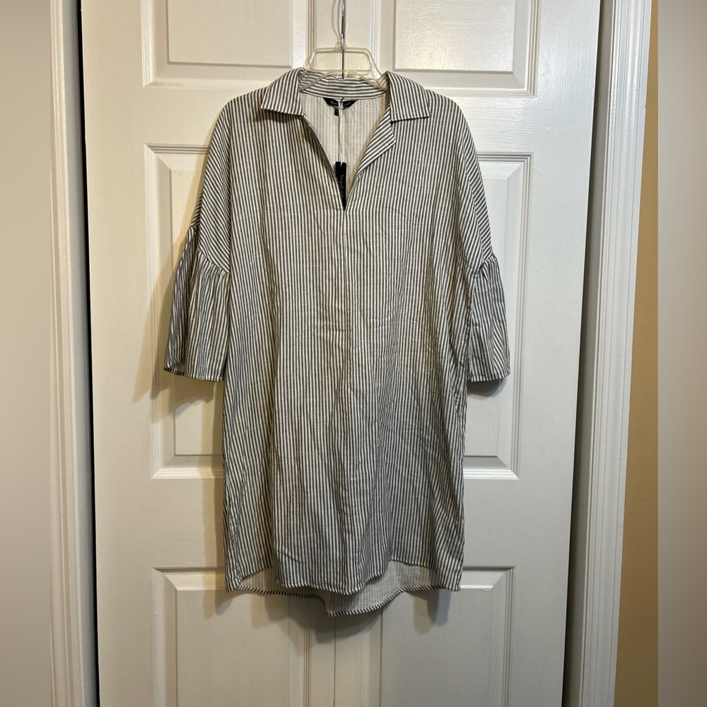 NWT Velvet Heart Striped Shirt Dress Size L Large Charcoal & White 100% Cotton